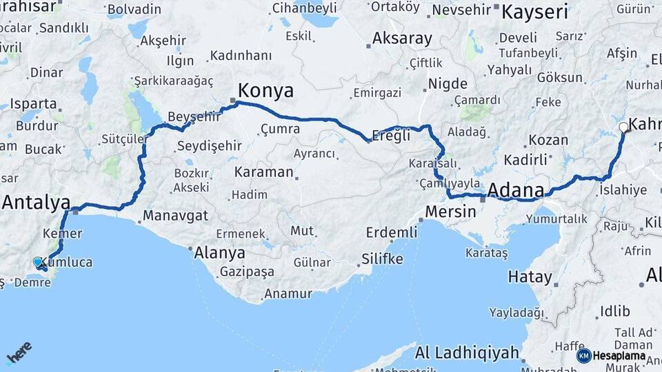 Antalya Kumluca Kahramanmaraş Arası Kaç Km - Yol Haritası