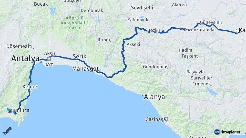 Antalya Kumluca Karaman Arası Kaç Km - Yol Haritası