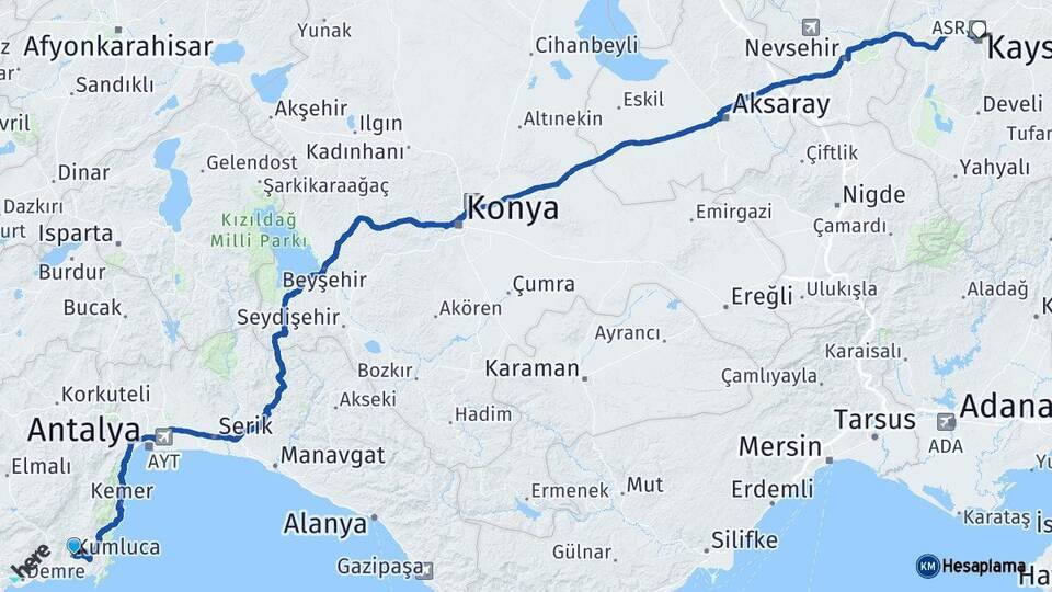 Antalya Kumluca Kayseri Arası Kaç Km - Yol Haritası