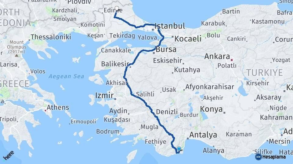 Antalya Kumluca Kırklareli Arası Kaç Km - Yol Haritası