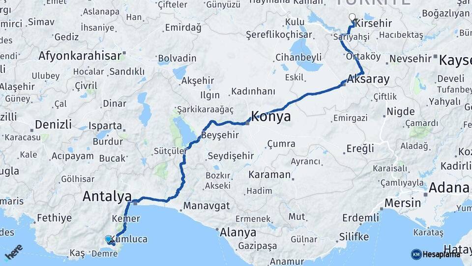 Antalya Kumluca Kırşehir Arası Kaç Km - Yol Haritası