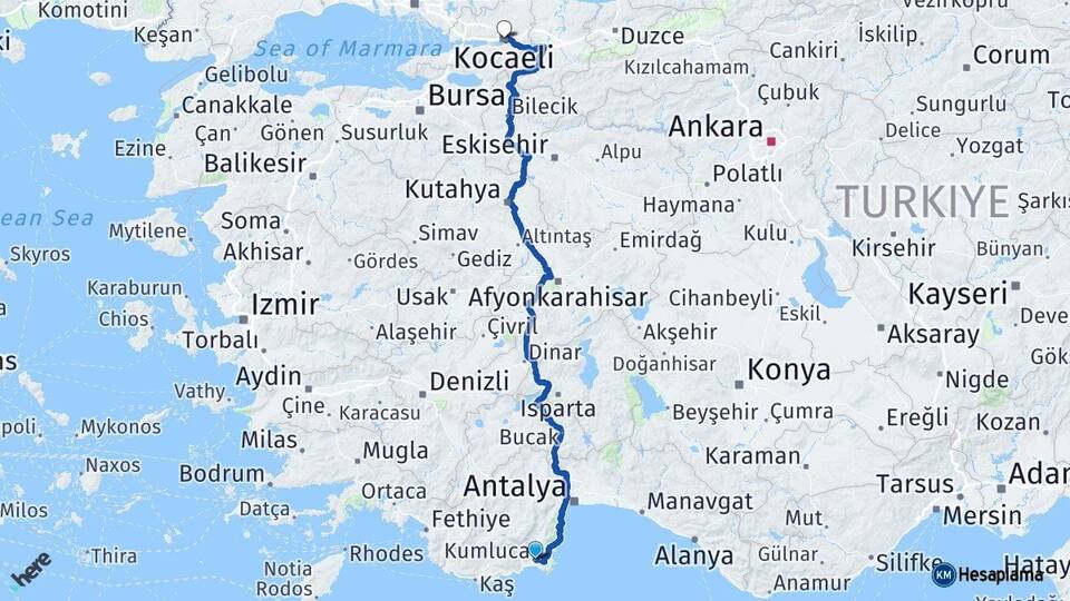 Antalya Kumluca Kocaeli Arası Kaç Km - Yol Haritası
