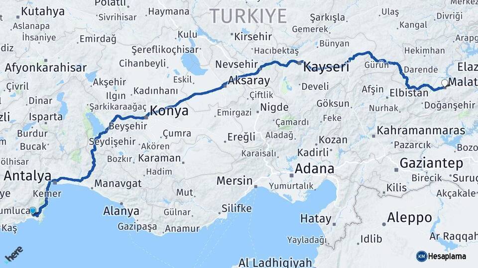 Antalya Kumluca Malatya Arası Kaç Km - Yol Haritası
