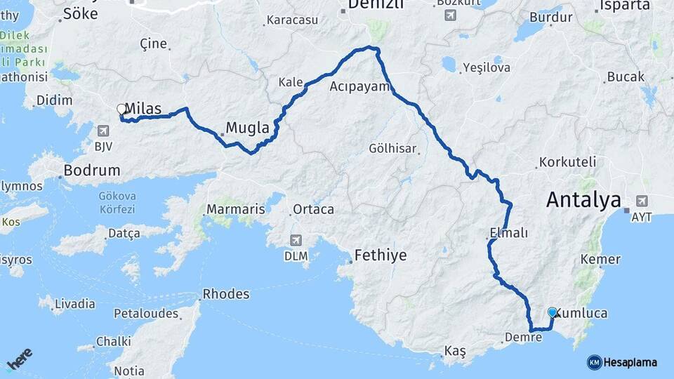 Antalya Kumluca Milas Muğla Arası Kaç Km - Yol Haritası