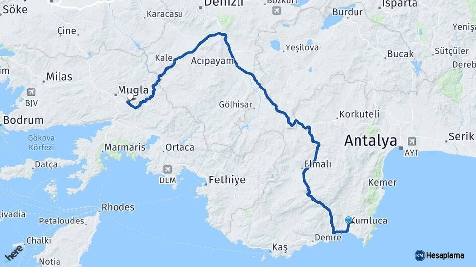 Antalya Kumluca Muğla Arası Kaç Km - Yol Haritası