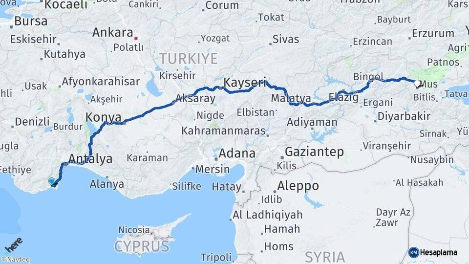 Antalya Kumluca Muş Arası Kaç Km - Yol Haritası