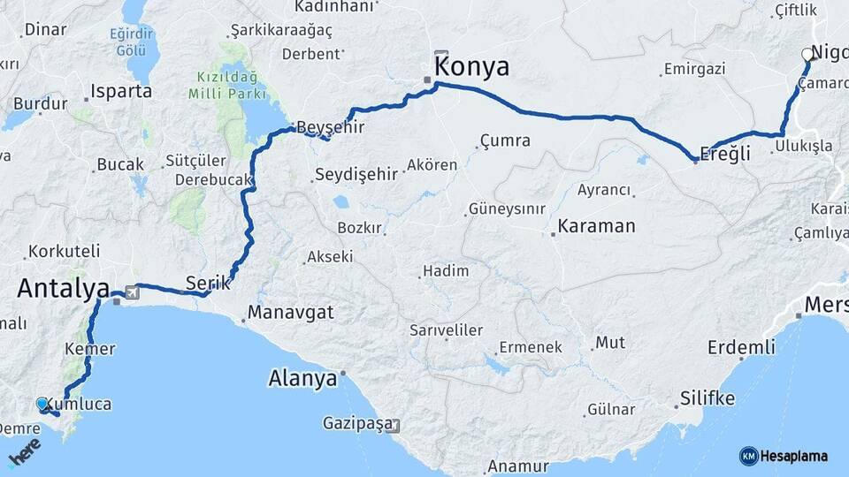 Antalya Kumluca Niğde Arası Kaç Km - Yol Haritası