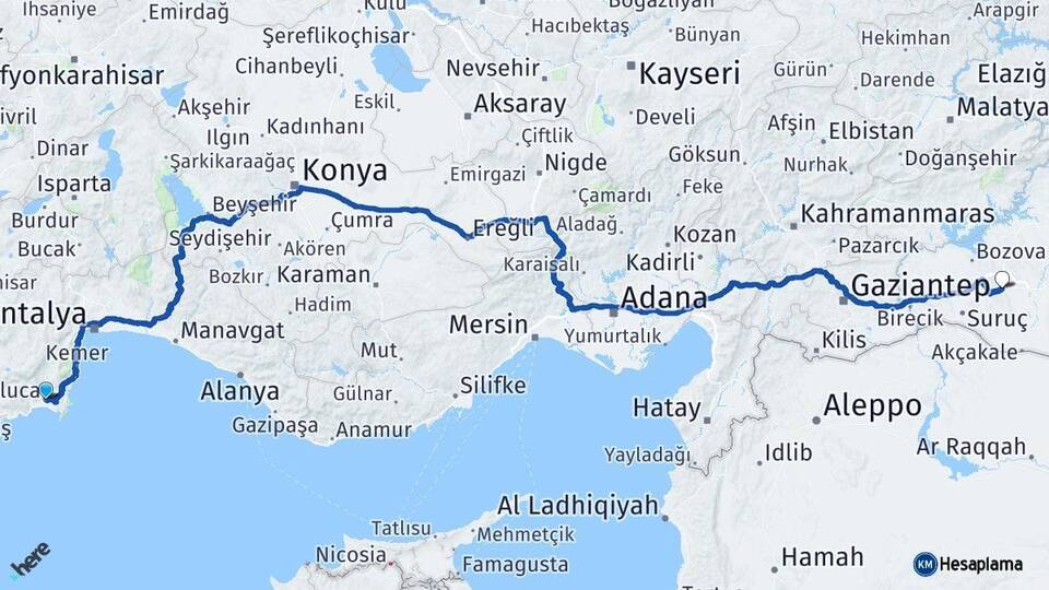 Antalya Kumluca Şanlıurfa Arası Kaç Km - Yol Haritası