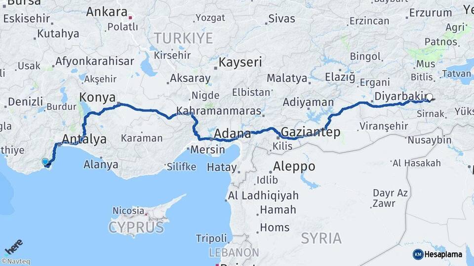 Antalya Kumluca Siirt Arası Kaç Km - Yol Haritası