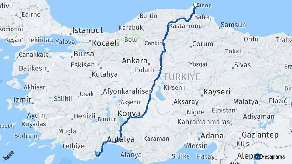 Antalya Kumluca Sinop Arası Kaç Km - Yol Haritası
