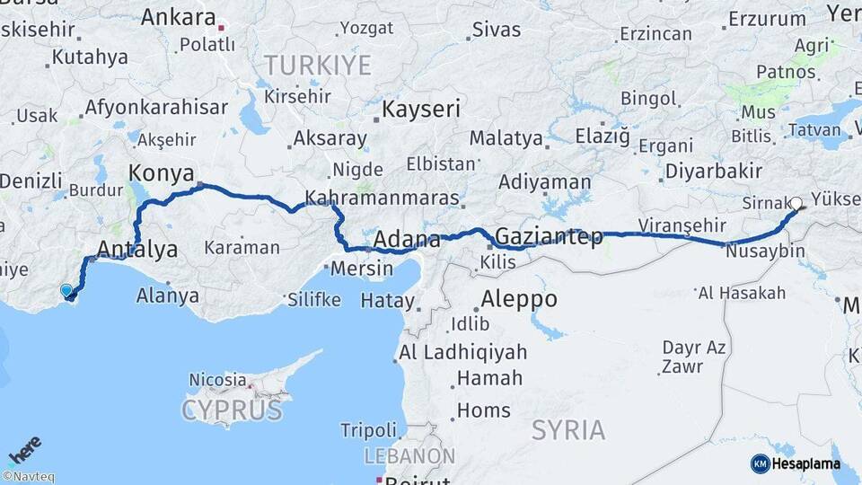 Antalya Kumluca Şırnak Arası Kaç Km - Yol Haritası