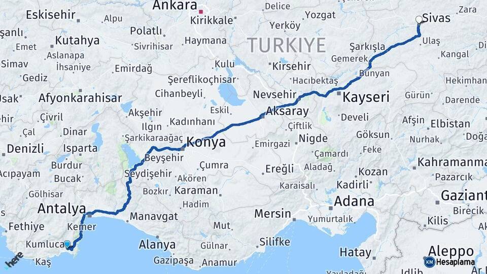 Antalya Kumluca Sivas Arası Kaç Km - Yol Haritası