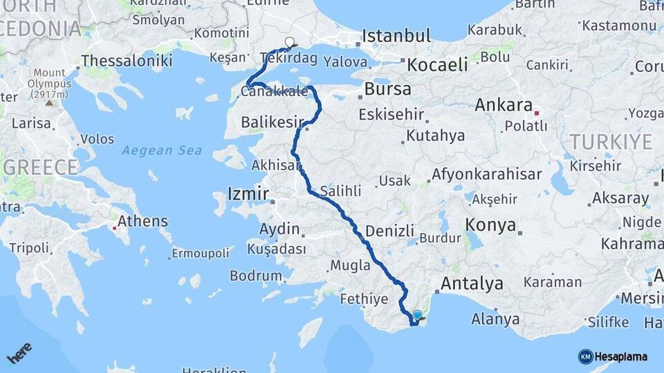 Antalya Kumluca Tekirdağ Arası Kaç Km - Yol Haritası