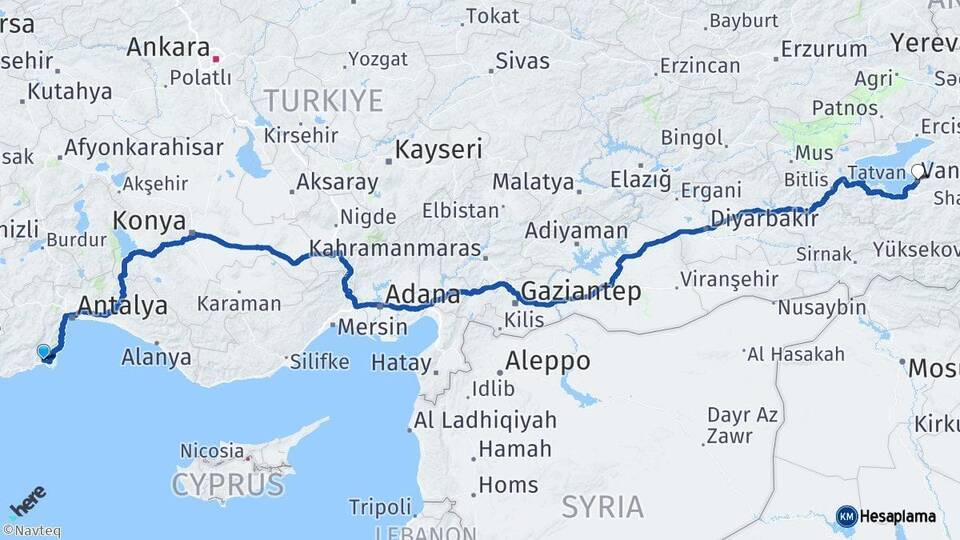 Antalya Kumluca Van Arası Kaç Km - Yol Haritası
