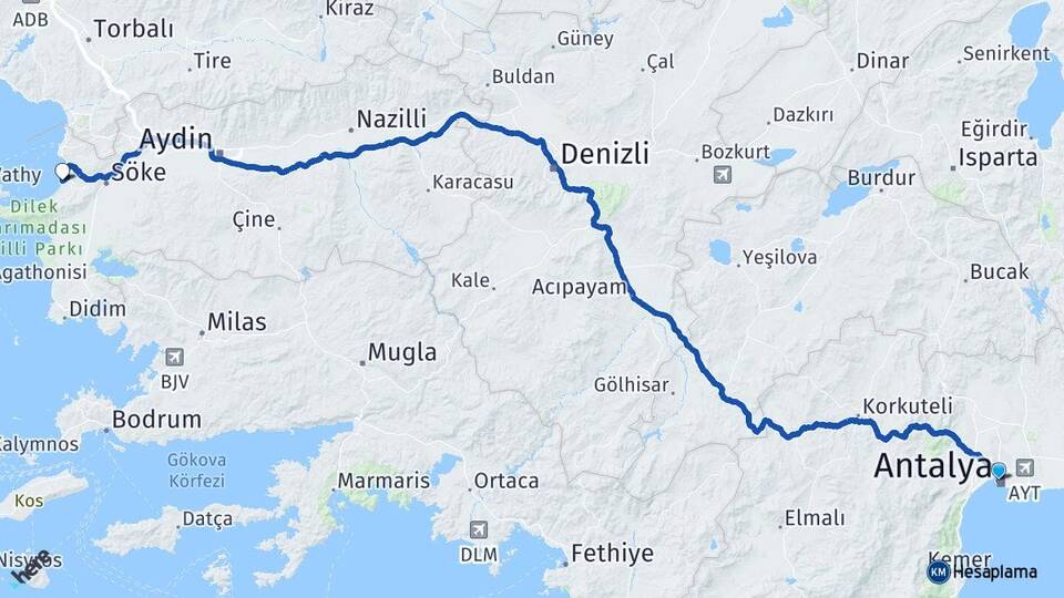 Antalya Kuşadası Aydın Arası Kaç Km - Yol Haritası