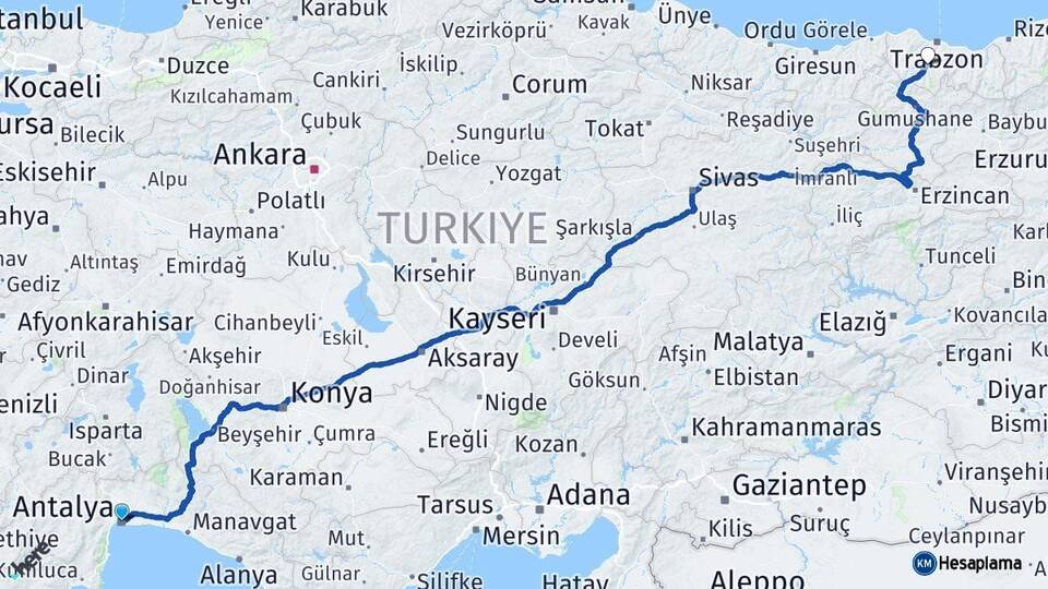 Antalya Maçka Trabzon Arası Kaç Km - Yol Haritası