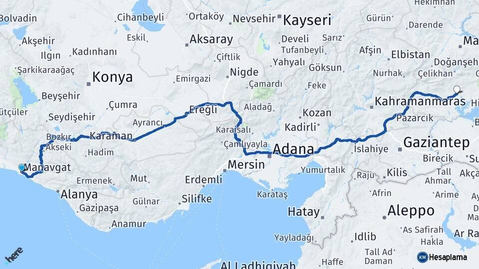 Antalya Manavgat Adıyaman Arası Kaç Km - Yol Haritası