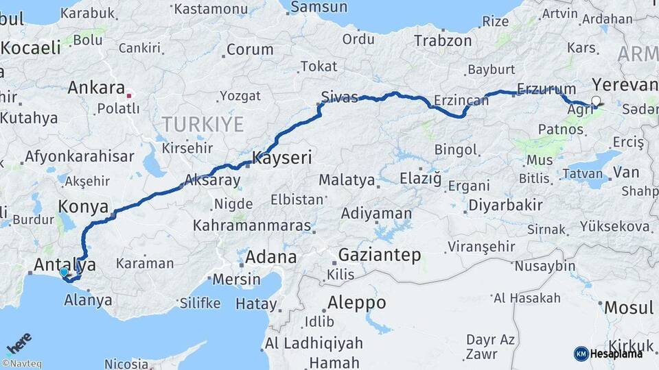 Antalya Manavgat Ağrı Arası Kaç Km - Yol Haritası