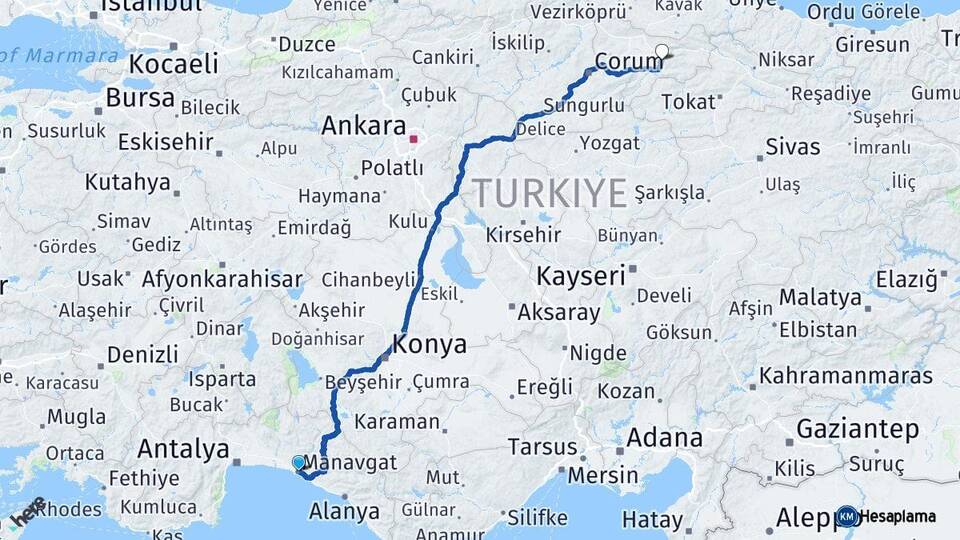 Antalya Manavgat Amasya Arası Kaç Km - Yol Haritası