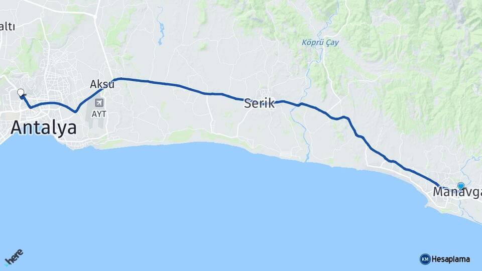 Antalya Manavgat Antalya Otogarı Arası Kaç Km - Yol Haritası