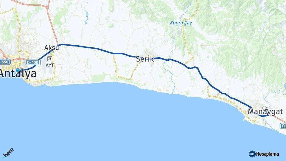 Antalya Manavgat Arası Kaç Km - Yol Haritası