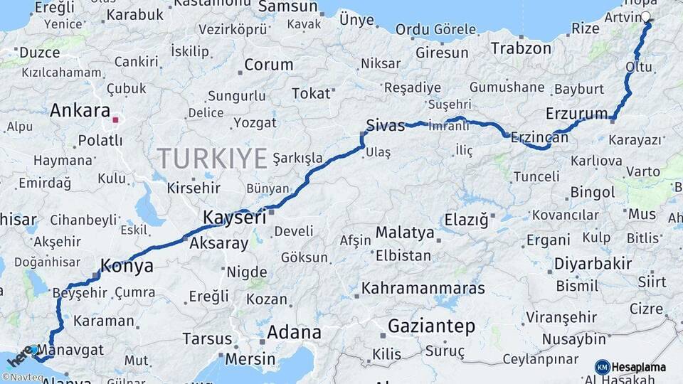 Antalya Manavgat Artvin Arası Kaç Km - Yol Haritası