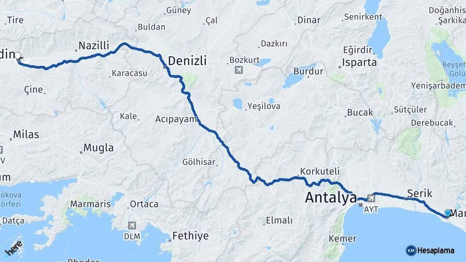 Antalya Manavgat Aydın Arası Kaç Km - Yol Haritası