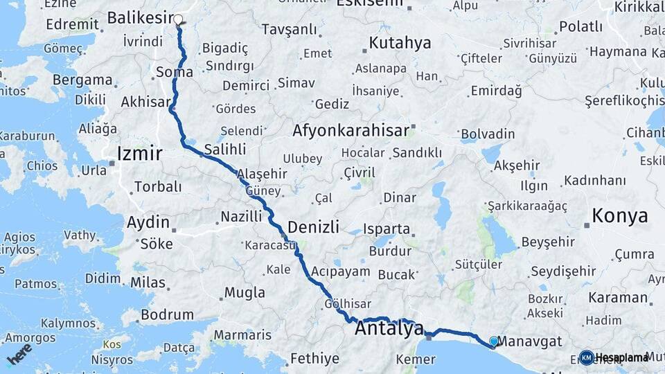 Antalya Manavgat Balıkesir Arası Kaç Km - Yol Haritası
