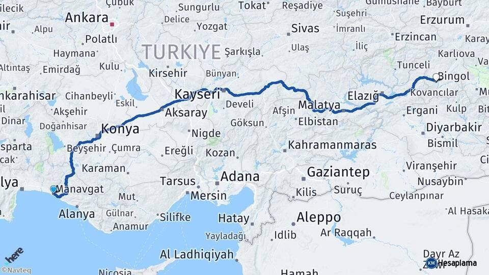 Antalya Manavgat Bingöl Arası Kaç Km - Yol Haritası