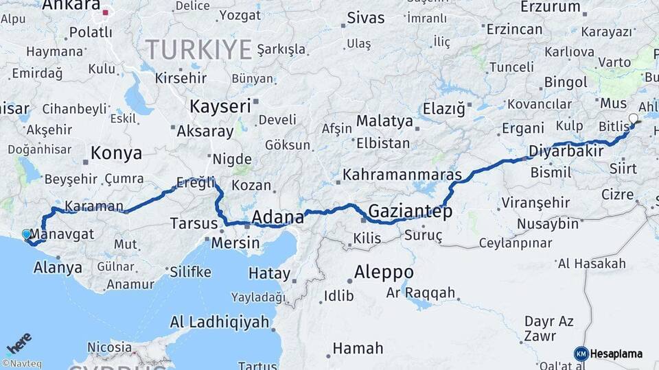 Antalya Manavgat Bitlis Arası Kaç Km - Yol Haritası