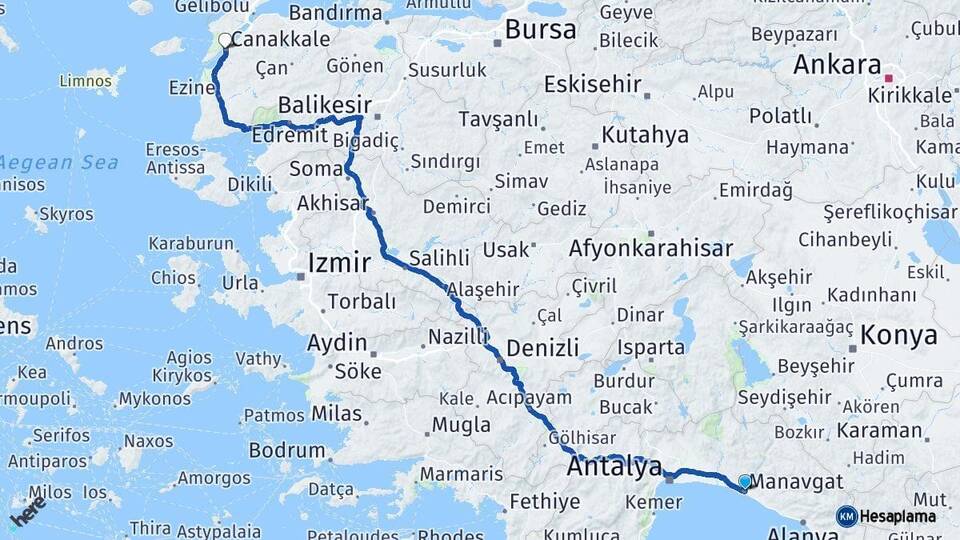 Antalya Manavgat Çanakkale Arası Kaç Km - Yol Haritası
