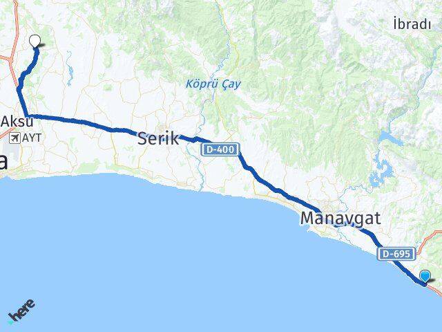 Antalya Manavgat Çenger Kurşunlu Aksu Arası Kaç Km - Yol Haritası