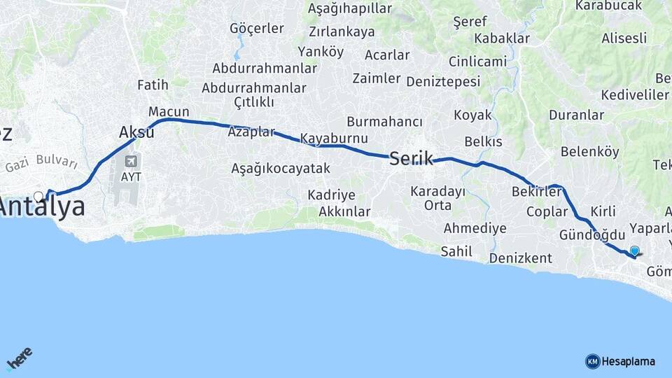 Antalya Manavgat Çolaklı Arası Kaç Km - Yol Haritası