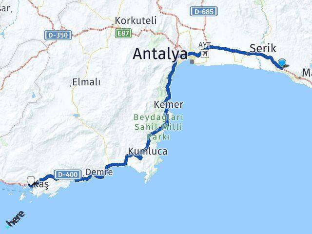 Antalya Manavgat Çolaklı Kaş Arası Kaç Km - Yol Haritası