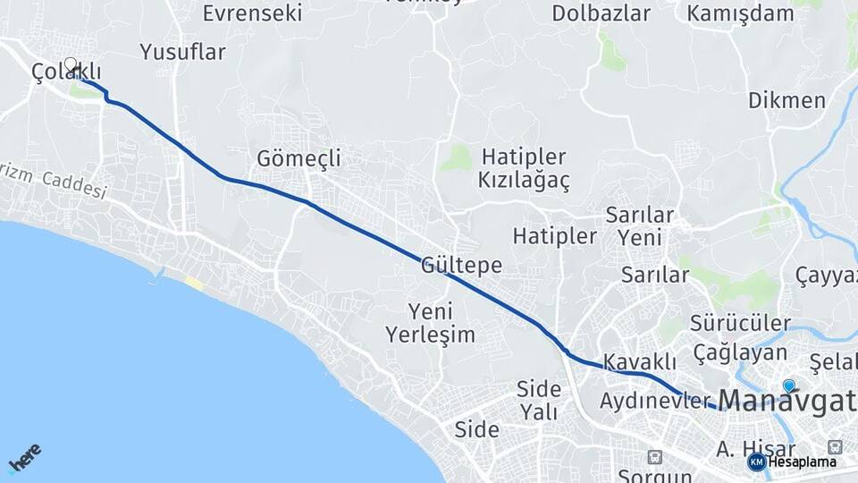 Antalya Manavgat Çolaklı Manavgat Arası Kaç Km - Yol Haritası