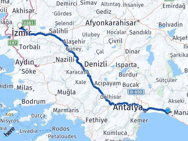Antalya Manavgat Çolaklı Merkez Efendi Yunusemre Manisa Arası Kaç Km - Yol Haritası
