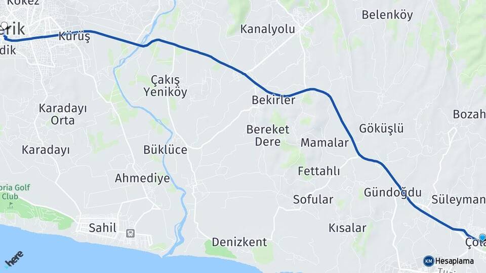 Antalya Manavgat Çolaklı Serik Arası Kaç Km - Yol Haritası