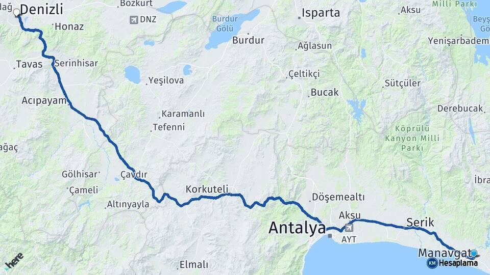 Antalya Manavgat Denizli Arası Kaç Km - Yol Haritası