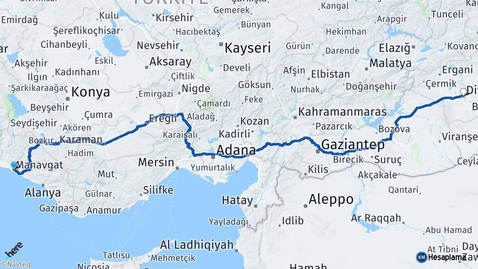Antalya Manavgat Diyarbakır Arası Kaç Km - Yol Haritası