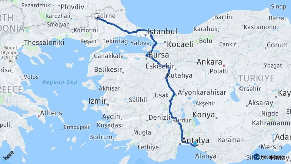 Antalya Manavgat Edirne Arası Kaç Km - Yol Haritası