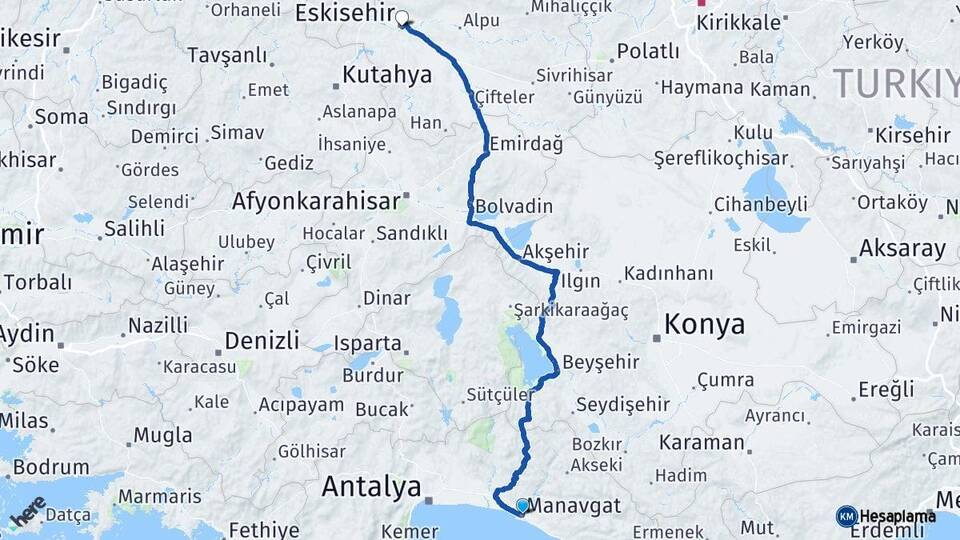 Antalya Manavgat Eskişehir Arası Kaç Km - Yol Haritası