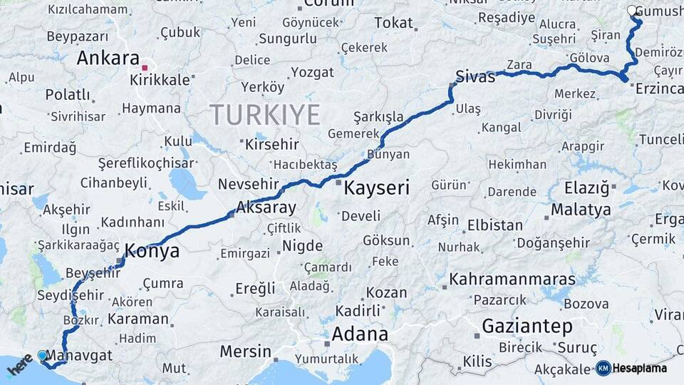 Antalya Manavgat Gümüşhane Arası Kaç Km - Yol Haritası