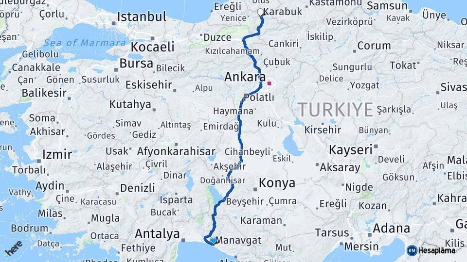 Antalya Manavgat Karabük Arası Kaç Km - Yol Haritası