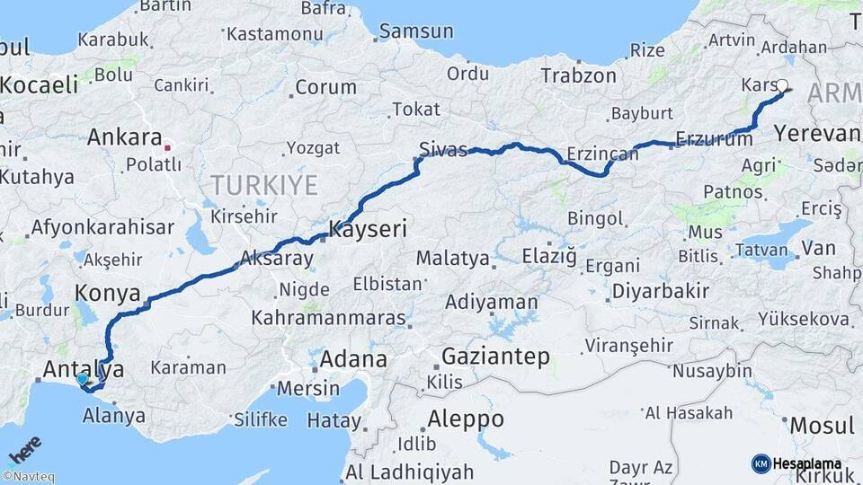 Antalya Manavgat Kars Arası Kaç Km - Yol Haritası