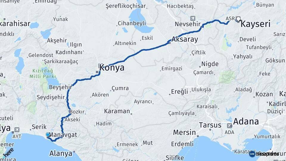Antalya Manavgat Kayseri Arası Kaç Km - Yol Haritası