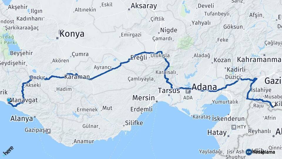 Antalya Manavgat Kilis Arası Kaç Km - Yol Haritası