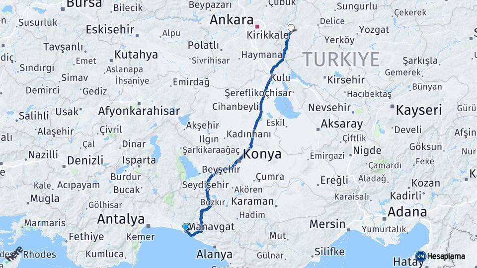 Antalya Manavgat Kırıkkale Arası Kaç Km - Yol Haritası