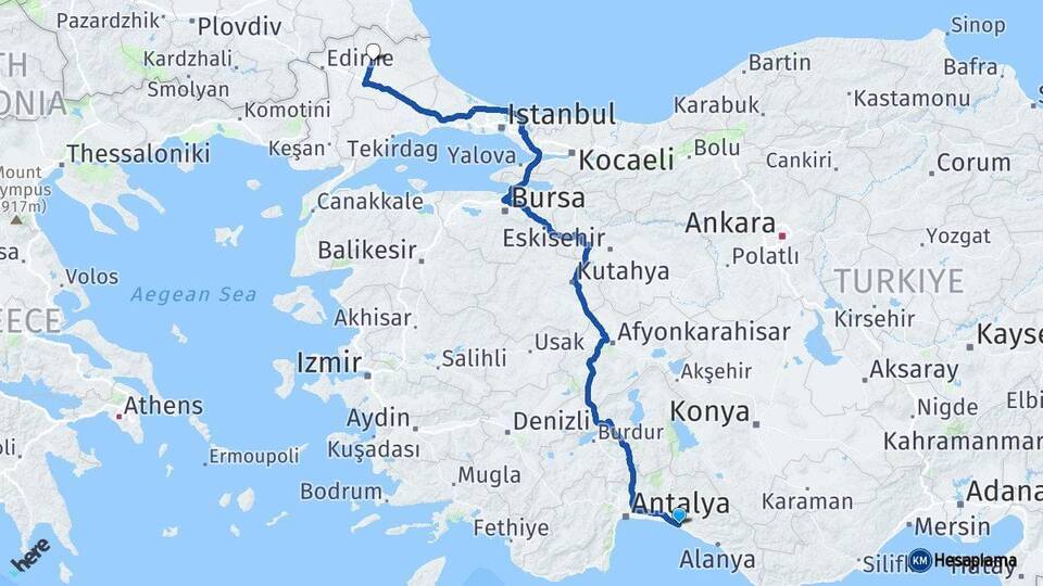 Antalya Manavgat Kırklareli Arası Kaç Km - Yol Haritası