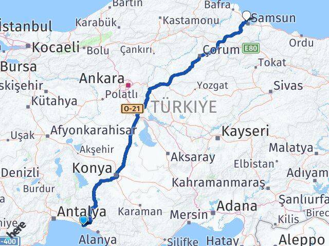 Antalya Manavgat Kızılot Atakum Samsun Arası Kaç Km - Yol Haritası