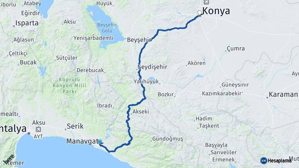 Antalya Manavgat Konya Arası Kaç Km - Yol Haritası